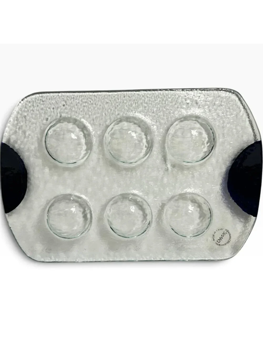 Dansk Glass Escargot Deviled Egg Platter Tray Dark Blue Handles Textured Clear